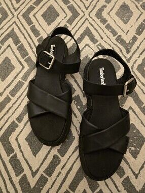 Timberland London Vibe X Black Crisscross Buckle  Leather Sandals, Sz 7.5